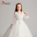 2018 New Arrival Ivory Flower Girl Dresses For Wedding V Neck 3/4 Sleeves 3D Flowers Girls First Communion Dress Prom Gown