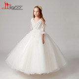 2018 New Arrival Ivory Flower Girl Dresses For Wedding V Neck 3/4 Sleeves 3D Flowers Girls First Communion Dress Prom Gown