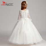 2018 New Arrival Ivory Flower Girl Dresses For Wedding V Neck 3/4 Sleeves 3D Flowers Girls First Communion Dress Prom Gown
