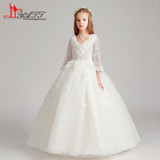 2018 New Arrival Ivory Flower Girl Dresses For Wedding V Neck 3/4 Sleeves 3D Flowers Girls First Communion Dress Prom Gown