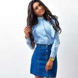 2018 New antumn winter women Striped Blue Pink blouses long sleeve Ruffles shirts casual button tops