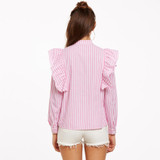 2018 New antumn winter women Striped Blue Pink blouses long sleeve Ruffles shirts casual button tops