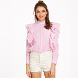 2018 New antumn winter women Striped Blue Pink blouses long sleeve Ruffles shirts casual button tops
