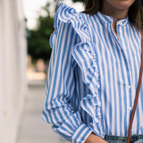 2018 New antumn winter women Striped Blue Pink blouses long sleeve Ruffles shirts casual button tops