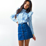 2018 New antumn winter women Striped Blue Pink blouses long sleeve Ruffles shirts casual button tops