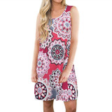 2018 Midi Dress Women Elegant Mandala Print O Neck Mini Dress Tunic Sleeveless Party Dresses Loose Casual Dresses Vestidos