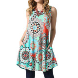 2018 Midi Dress Women Elegant Mandala Print O Neck Mini Dress Tunic Sleeveless Party Dresses Loose Casual Dresses Vestidos