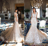 2018 Mermaid Lace Wedding Dresses 3D Floral Champagne Bridal Gowns Vintage Dubai Gorgeous Wedding Gowns