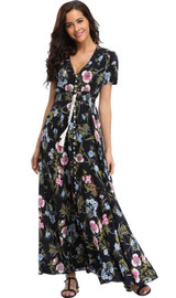 2018 Long Summer Floral Maxi Dress Women Flower Print Casual Split Beach Dress Ladies Elegant Cotton Vintage Boho Party Dresses
