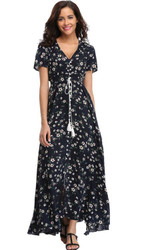 2018 Long Summer Floral Maxi Dress Women Flower Print Casual Split Beach Dress Ladies Elegant Cotton Vintage Boho Party Dresses