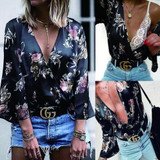 2018 Long Sleeve Women's Shirts V Neck Floral Printed Casual Blouse Tops Flower Fitness Women Top Winter Women Clothing