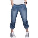 2018 LEIJIJEANS Summer Plus Size 2 Color Bleached Elastic Waist Light Wash Calf Length Cotton Women Loose Stretch Harem Jeans