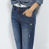 2018 LEIJIJEANS New Arrival Boyfriend Jeans Women Plus Size Bleached Design Printed Jeans Mid Waist Low Elastic Straight Jeans