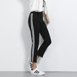 2018 LEIJIJEANS Autumn Plus Size Mid Waist Ankle Length Black And White Side Stripe Panelled Casual Women Skinny Straight Jeans