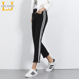 2018 LEIJIJEANS Autumn Plus Size Mid Waist Ankle Length Black And White Side Stripe Panelled Casual Women Skinny Straight Jeans