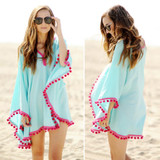2018 Lace Chiffon puff Fuzzy balls Beach dress fringed tassels robes blouson Tunics Sun block shawl sheer smock frock