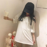 2018 Korea Ulzzang Women Long T shirts Japanese Harajuku Fashion Retro Split Female T-shirt Gothic Striped Short Sleeve Tee Tops