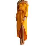 2018 Irregular Women Long Dress Slash Neck Maxi Dresses Autumn Female Off Shoulder Puff Sleeve Split Ruffles GV839