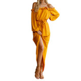 2018 Irregular Women Long Dress Slash Neck Maxi Dresses Autumn Female Off Shoulder Puff Sleeve Split Ruffles GV839