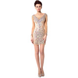 2018 Hot Sexy Sparkling Long Sleeve Cocktail Dresses Tulle Straight V-Neck Dress Short Mini Women Party Beading Prom Gowns