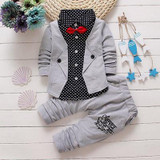 Baby boys spring two fake clothing sets Baby button letter bow Clothing Set Baby Girls jacket +pant 2-piece Suit Set