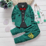 Baby boys spring two fake clothing sets Baby button letter bow Clothing Set Baby Girls jacket +pant 2-piece Suit Set