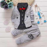 Baby boys spring two fake clothing sets Baby button letter bow Clothing Set Baby Girls jacket +pant 2-piece Suit Set