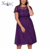 Nemidor Women Vintage Short Sleeve Casual Lace Top Overlay A-line Dress O-neck Plus Size Party Summer Chiffon Midi Swing Dress
