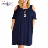 Nemidor Women Casual O-neck Off The Shoulder Midi Plus Size Summer Dress Short Sleeve Beach Vintage Solid Dress With Pockets