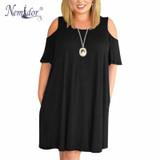 Nemidor Women Casual O-neck Off The Shoulder Midi Plus Size Summer Dress Short Sleeve Beach Vintage Solid Dress With Pockets