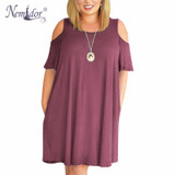 Nemidor Women Casual O-neck Off The Shoulder Midi Plus Size Summer Dress Short Sleeve Beach Vintage Solid Dress With Pockets