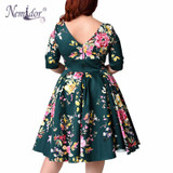 Nemidor Women 1950s Vintage Half Sleeve Plus Size 8XL A-line Print Dress Sexy V-low Back Cocktail Knee Length Casual Swing Dress