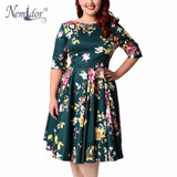 Nemidor Women 1950s Vintage Half Sleeve Plus Size 8XL A-line Print Dress Sexy V-low Back Cocktail Knee Length Casual Swing Dress