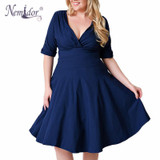 Nemidor Women 1950s Half Sleeve V-neck Retro Plus Size 8XL 9XL A-line Dress Elegant Stretchy Cocktail Knee Length Swing Dress
