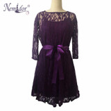 Nemidor Autumn Women Elegant 3/4 Sleeve Retro Embroidery A-line Lace Dress O-neck Plus Size Belted Party Midi Swing Dress