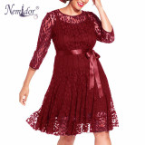 Nemidor Autumn Women Elegant 3/4 Sleeve Retro Embroidery A-line Lace Dress O-neck Plus Size Belted Party Midi Swing Dress