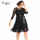 Nemidor Autumn Women Elegant 3/4 Sleeve Retro Embroidery A-line Lace Dress O-neck Plus Size Belted Party Midi Swing Dress