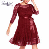 Nemidor Autumn Women Elegant 3/4 Sleeve Retro Embroidery A-line Lace Dress O-neck Plus Size Belted Party Midi Swing Dress