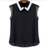 mujer Manga corta Blusa de gasa moda sin mangas del remiendo de Tulle de la Blusa Blusa Feminina Manga Curta