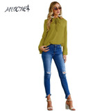 MUICHES Women Blouse 2017 Autumn Chiffon Blouse Elegant Tops Long Sleeve Shirts With Bow Tie Office Lady Wear Female Tops