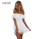 MUICHES Fashion women Elegant Vintage sweet lace white Dress stylish sexy slash neck casual slim beach Summer Sundress vestidos