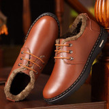 MUHUISEN Winter Men Genuine Leather Shoes Fashion Casual Plush Warm Boots Lace Up Flats Male Snow Boots Fur Inside Comfort