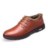 MUHUISEN Winter Men Genuine Leather Shoes Fashion Casual Plush Warm Boots Lace Up Flats Male Snow Boots Fur Inside Comfort