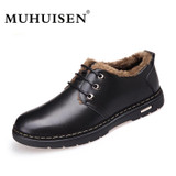 MUHUISEN Winter Men Genuine Leather Shoes Fashion Casual Plush Warm Boots Lace Up Flats Male Snow Boots Fur Inside Comfort