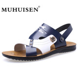 MUHUISEN Summer Fashion Men Sandals Beach Slippers Breathable Leather Soft Casual Shoes Male Outdoor