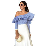 MUICHE S2017 One shoulder ruffles blouse shirt women tops autumn Casual blue striped shirt Long sleeve cool blouse winter blusas