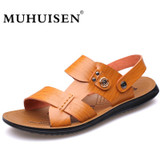 MUHUISEN New Men Leather Beach Sandals Summer Soft Comfortable Flip Flops Beach Slippers Male Casual Shoes