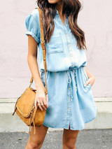 Single Button Lace-up Mini Shirtdress