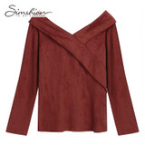 Simshion Women Green Vintage Faux Fur Shirts Autumn Plain Long Sleeves Spliced Blouses Tops Female Casual V-neck Shirt 2017