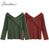 Simshion Women Green Vintage Faux Fur Shirts Autumn Plain Long Sleeves Spliced Blouses Tops Female Casual V-neck Shirt 2017